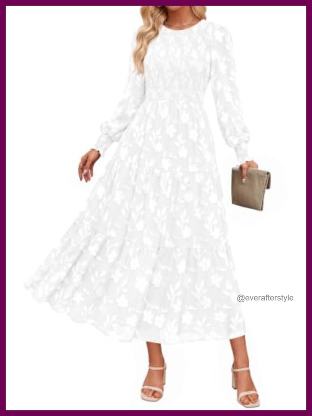 PRETTYGARDEN Floral Jacquard Midi Dress Long Lantern Sleeve Wedding Guest